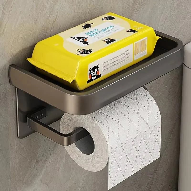 Black Gold Wall-Mounted Toilet Paper Holder with Phone & Towel Shelf Bathroom Rack