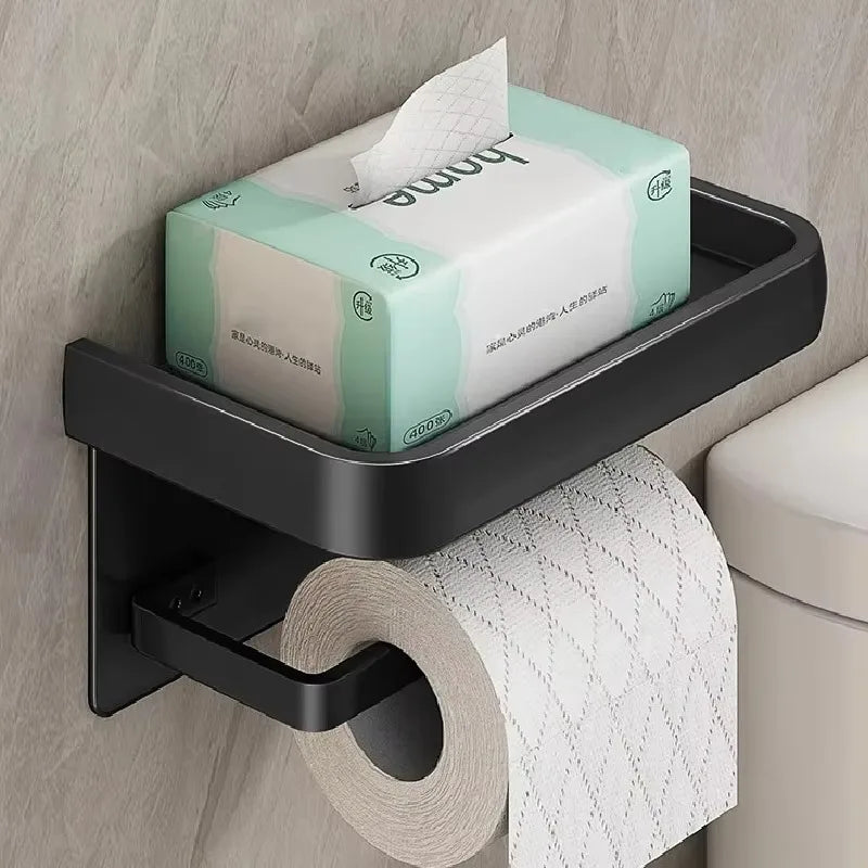 Black Gold Wall-Mounted Toilet Paper Holder with Phone & Towel Shelf Bathroom Rack