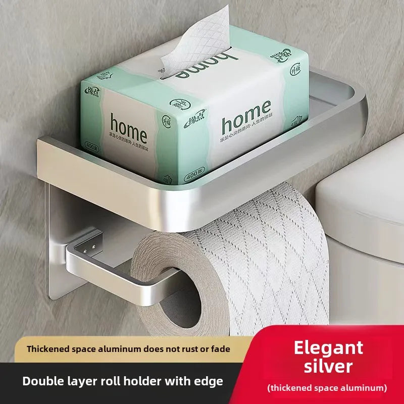 Black Gold Wall-Mounted Toilet Paper Holder with Phone & Towel Shelf Bathroom Rack