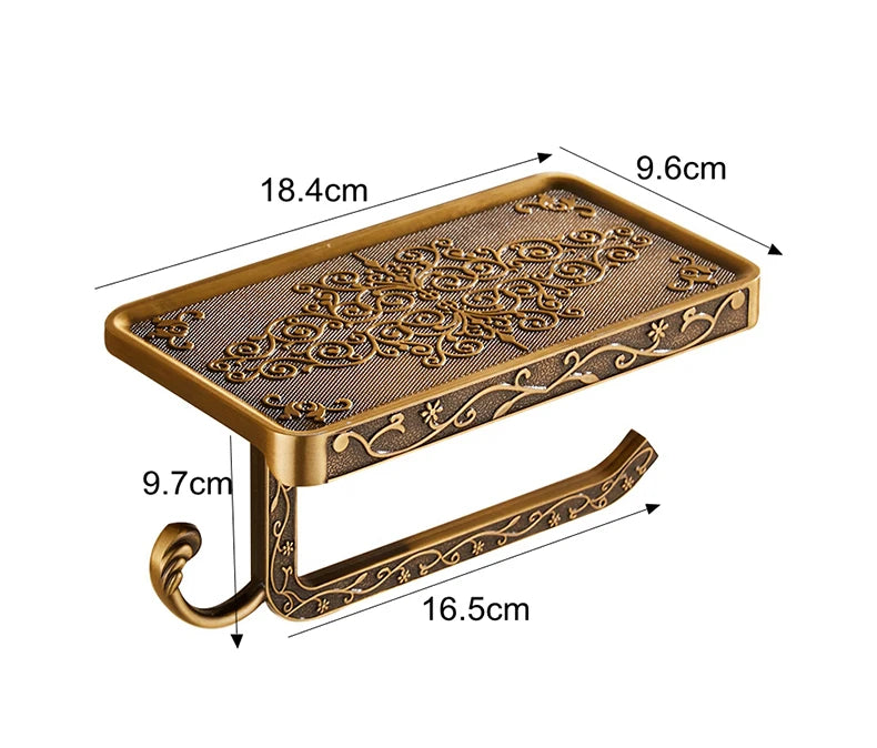 Antique Bronze Toilet Paper Holder with Phone Shelf Wall Mounted Bathroom Rack