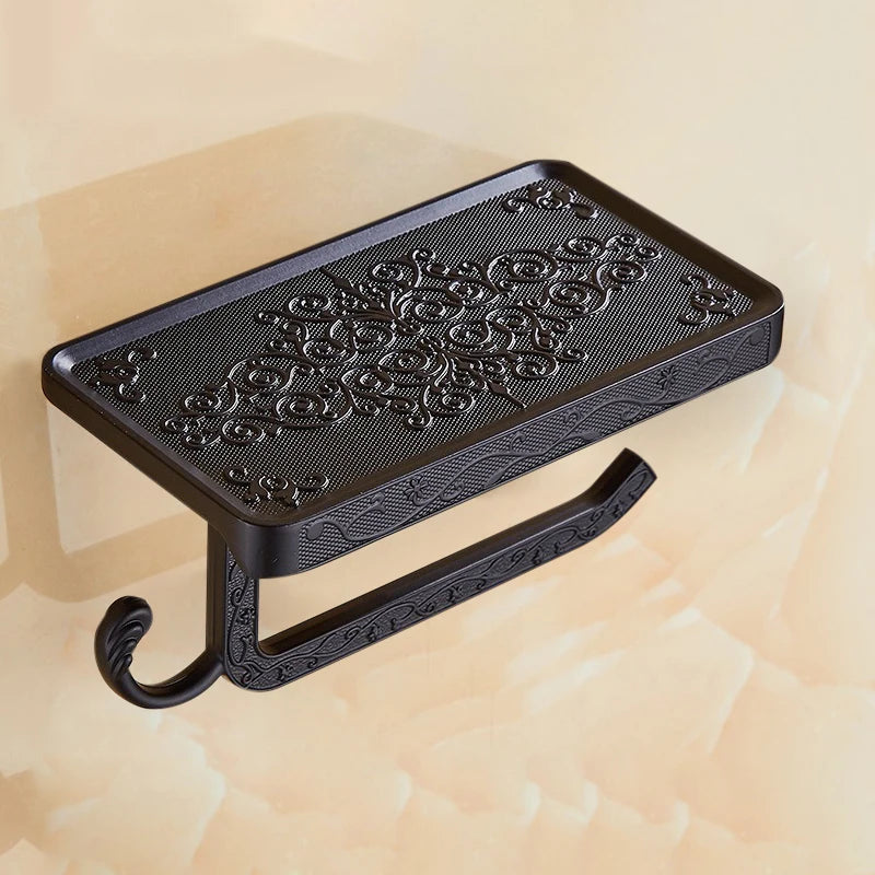 Antique Bronze Toilet Paper Holder with Phone Shelf Wall Mounted Bathroom Rack