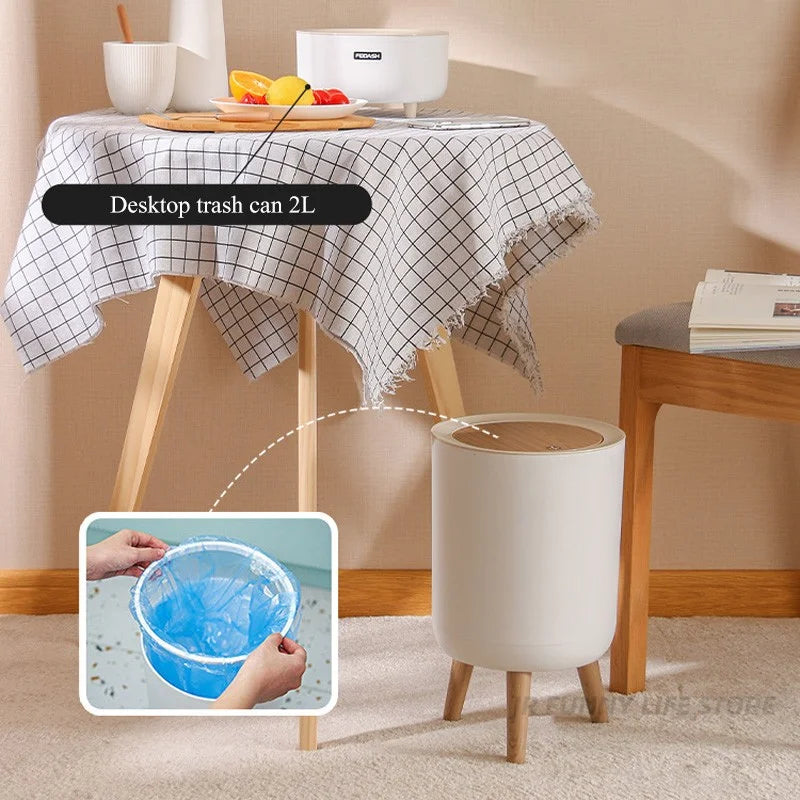 Wooden High Foot Trash Can Bathroom & Kitchen Waste Bin with Press Cover Living Room Garbage Container