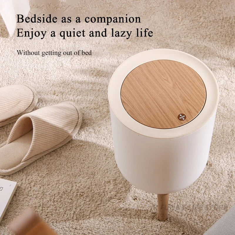 Wooden High Foot Trash Can Bathroom & Kitchen Waste Bin with Press Cover Living Room Garbage Container