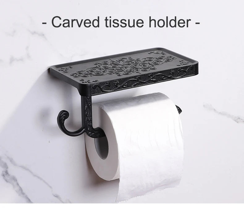 Antique Bronze Toilet Paper Holder with Phone Shelf Wall Mounted Bathroom Rack