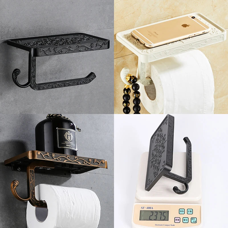 Antique Bronze Toilet Paper Holder with Phone Shelf Wall Mounted Bathroom Rack