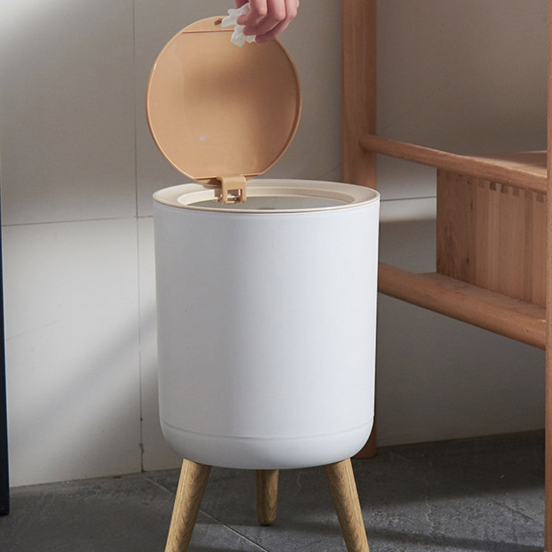 Wooden High Foot Trash Can Bathroom & Kitchen Waste Bin with Press Cover Living Room Garbage Container