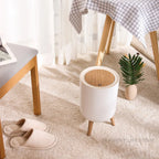 Wooden High Foot Trash Can Bathroom & Kitchen Waste Bin with Press Cover Living Room Garbage Container