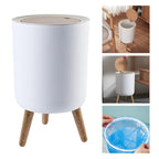 Wooden High Foot Trash Can Bathroom & Kitchen Waste Bin with Press Cover Living Room Garbage Container