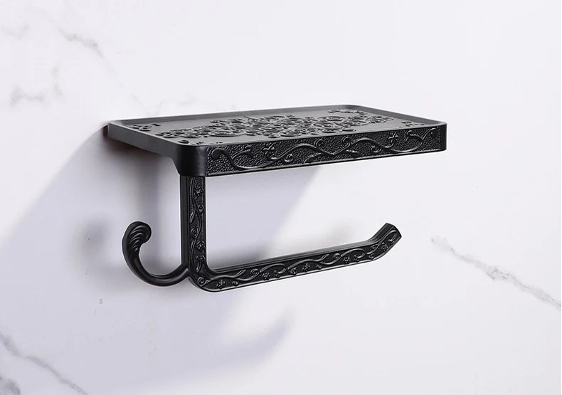Antique Bronze Toilet Paper Holder with Phone Shelf Wall Mounted Bathroom Rack