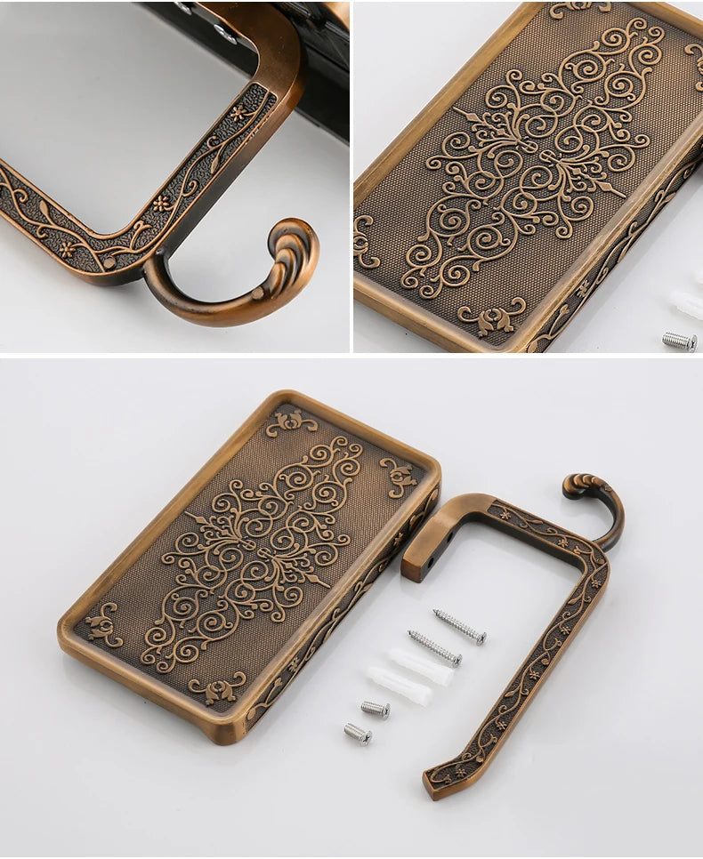 Antique Bronze Toilet Paper Holder with Phone Shelf Wall Mounted Bathroom Rack
