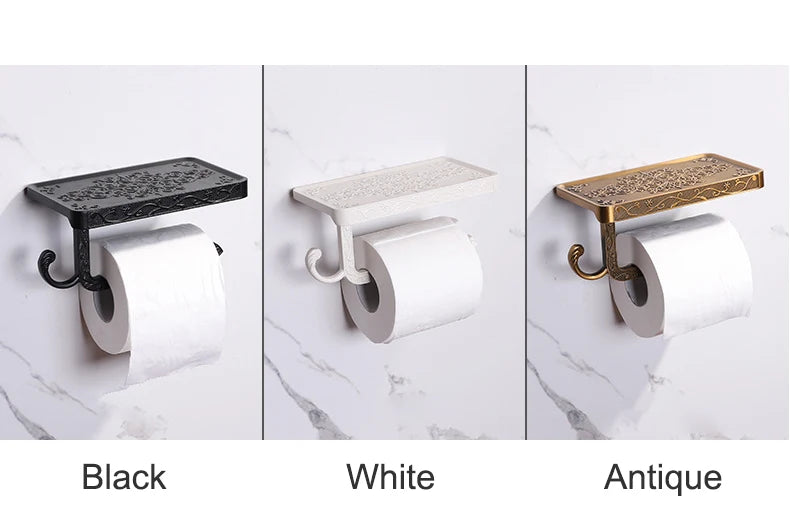 Antique Bronze Toilet Paper Holder with Phone Shelf Wall Mounted Bathroom Rack
