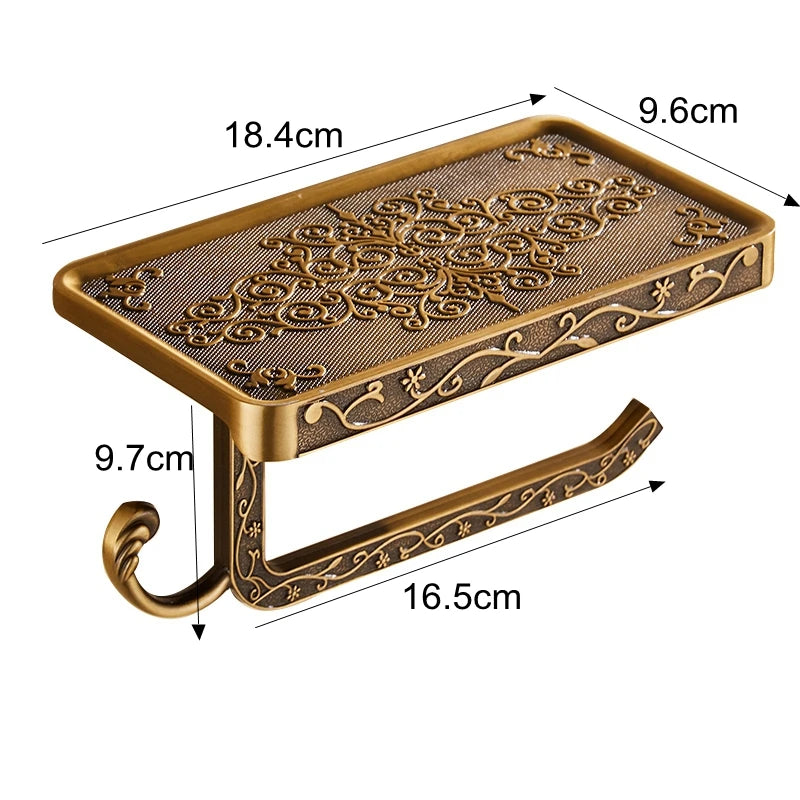 Antique Bronze Toilet Paper Holder with Phone Shelf Wall Mounted Bathroom Rack
