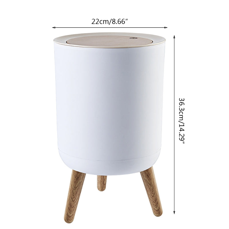 Wooden High Foot Trash Can Bathroom & Kitchen Waste Bin with Press Cover Living Room Garbage Container