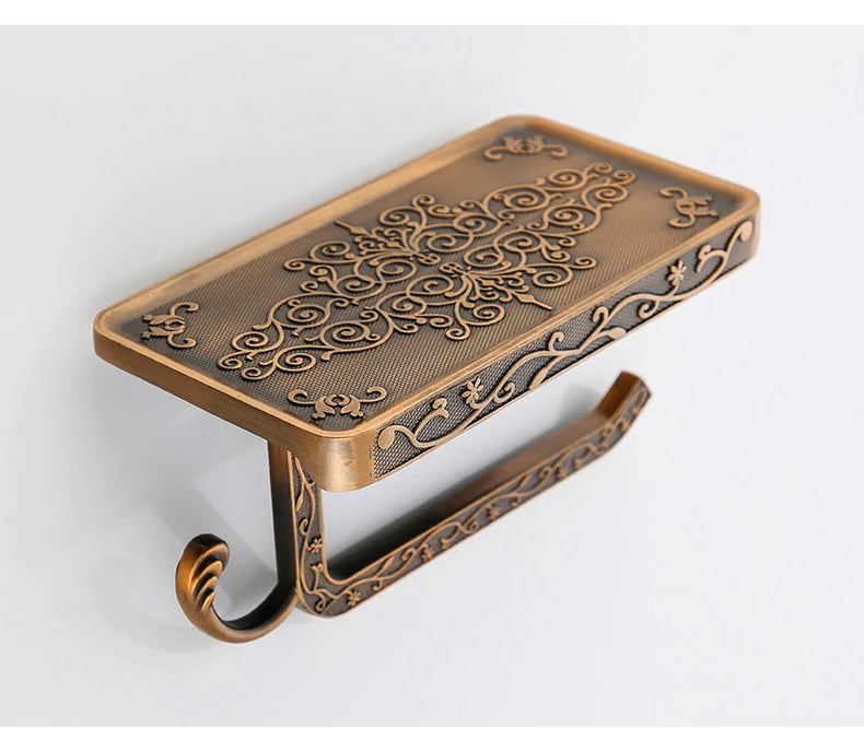Antique Bronze Toilet Paper Holder with Phone Shelf Wall Mounted Bathroom Rack