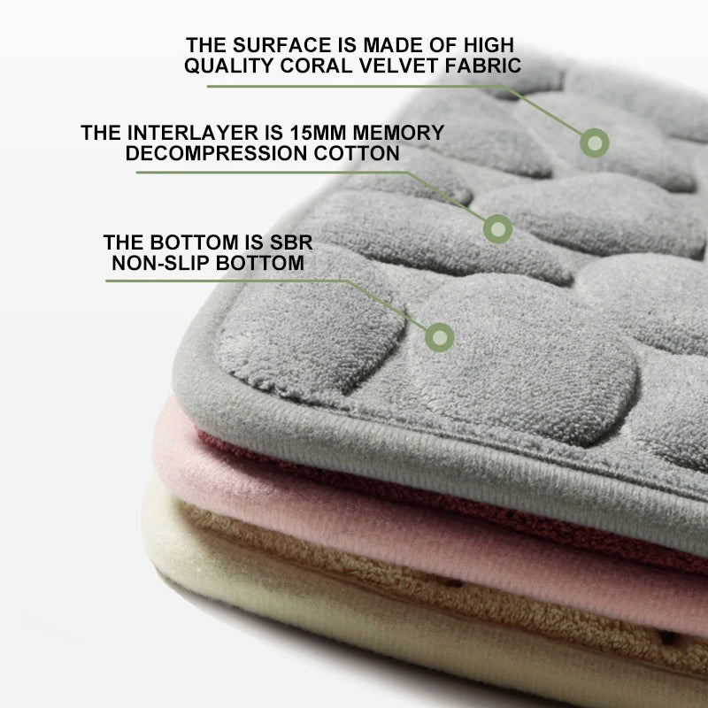 Cobblestone Embossed Memory Foam Bath Mat Non-Slip Absorbent Washable Bathroom Rug 40x60/50x80cm