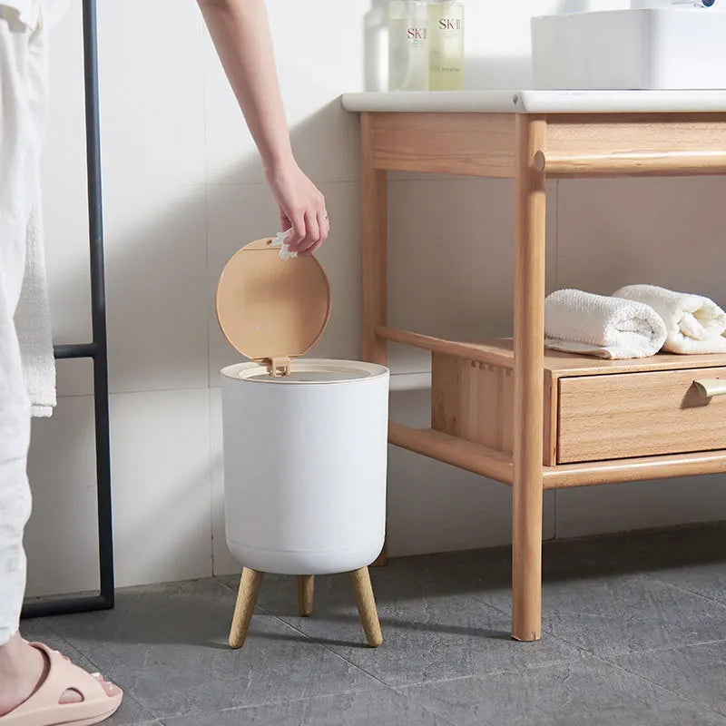 Wooden High Foot Trash Can Bathroom & Kitchen Waste Bin with Press Cover Living Room Garbage Container