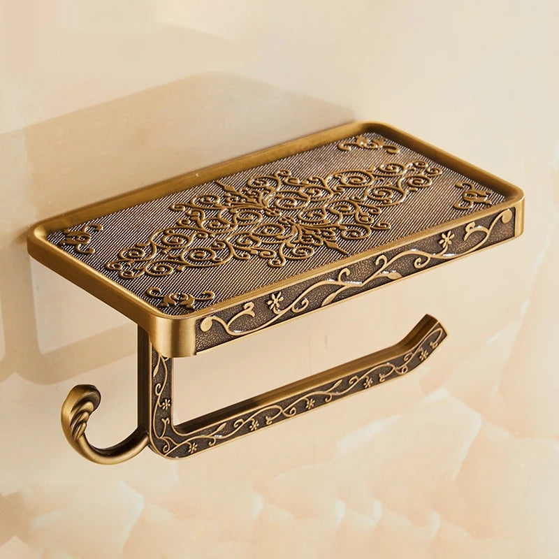 Antique Bronze Toilet Paper Holder with Phone Shelf Wall Mounted Bathroom Rack