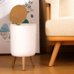 Wooden High Foot Trash Can Bathroom & Kitchen Waste Bin with Press Cover Living Room Garbage Container