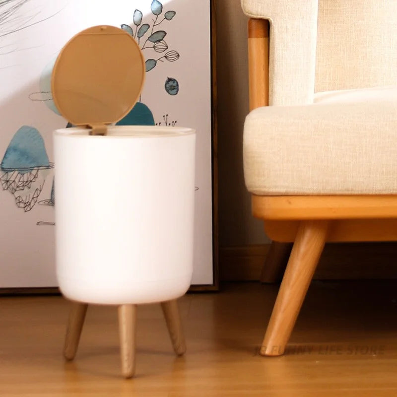 Wooden High Foot Trash Can Bathroom & Kitchen Waste Bin with Press Cover Living Room Garbage Container