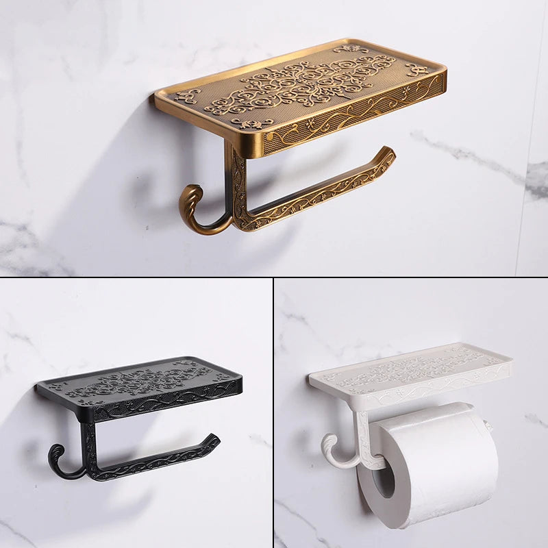 Antique Bronze Toilet Paper Holder with Phone Shelf Wall Mounted Bathroom Rack