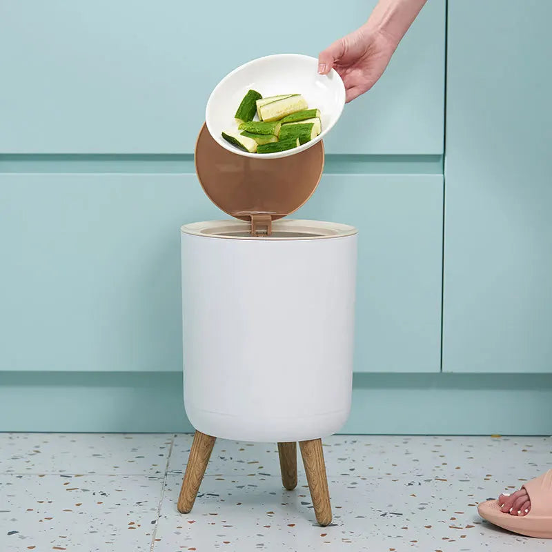 Wooden High Foot Trash Can Bathroom & Kitchen Waste Bin with Press Cover Living Room Garbage Container