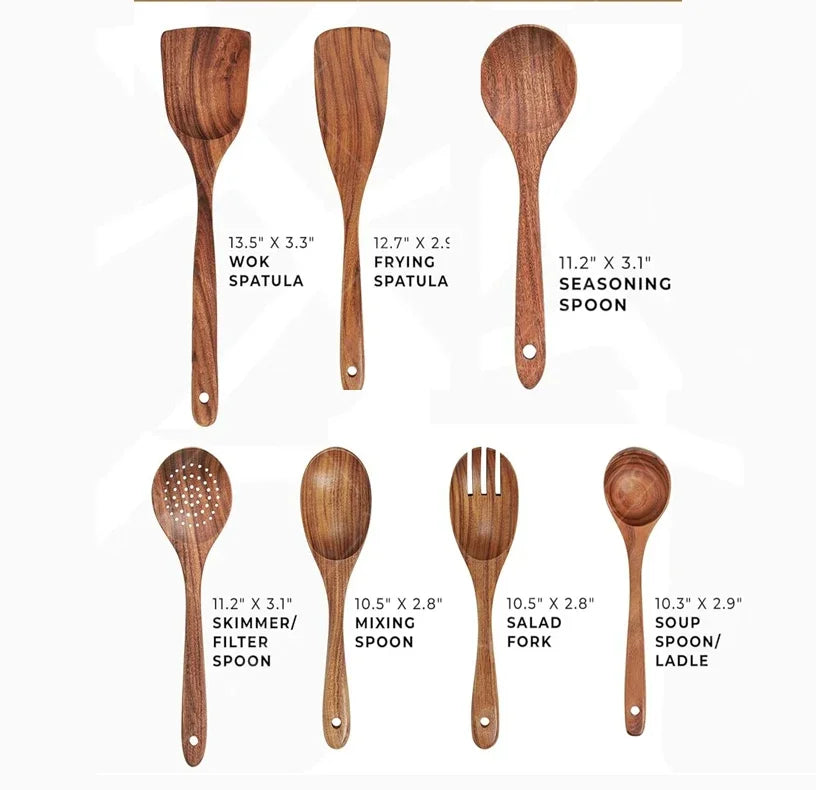 Natural Teak Wooden Kitchen Spoon & Spatula Set – Complete Cooking Tools