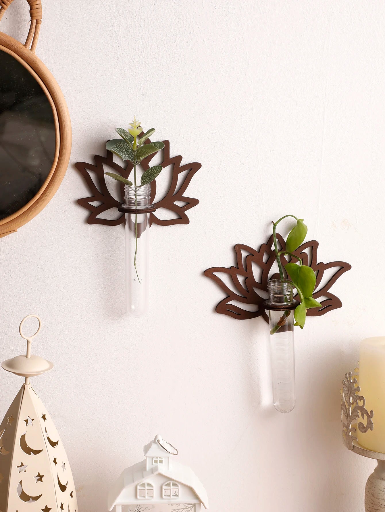 Lotus Shape Wooden Wall Planter & Vase Stand