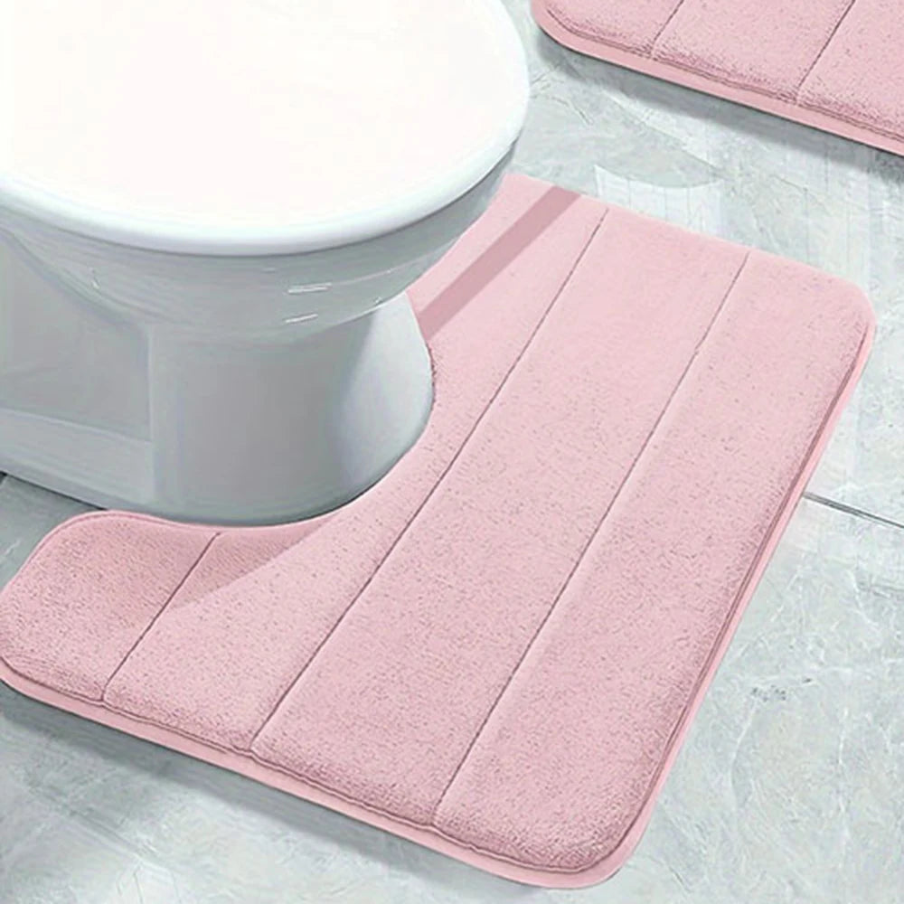 Pure Color Stripe Bathroom U-Mat, Soft Non-Slip Quick-Dry Toilet Carpet, Absorbent Shower Floor Mat