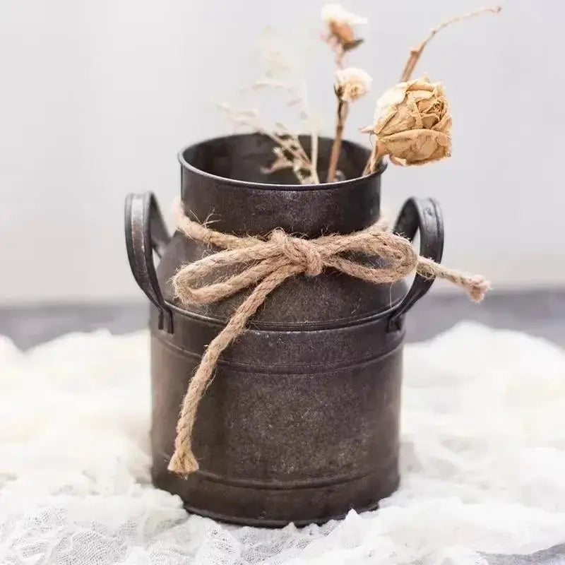 Retro Old Tin Flower Bucket Vintage Metal Vase for Home & Garden Decor