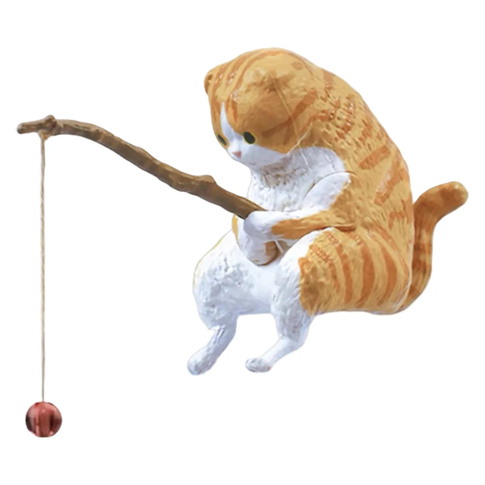 Cute Fishing Cat Figurine PVC Mini Animal Statue Modern Home Decor
