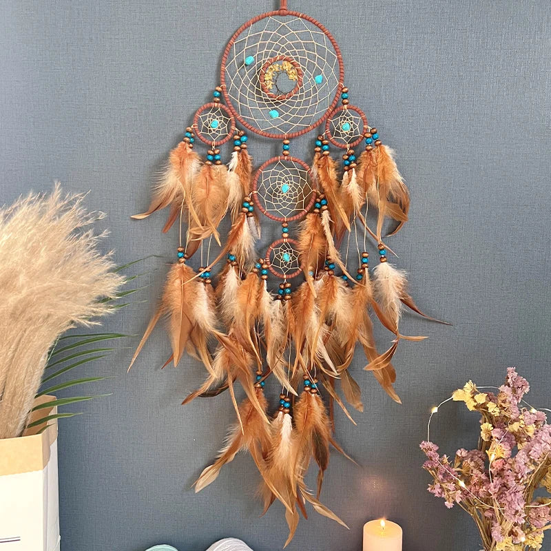 Auspicious Five Rings Dream Catcher Feather Wall Hanging Decor
