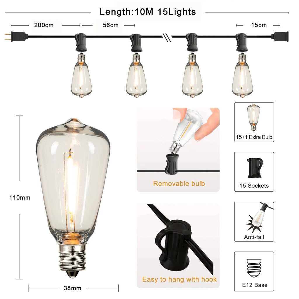 ST38 Water Drop String Lights 220V IP44 Waterproof Decorative