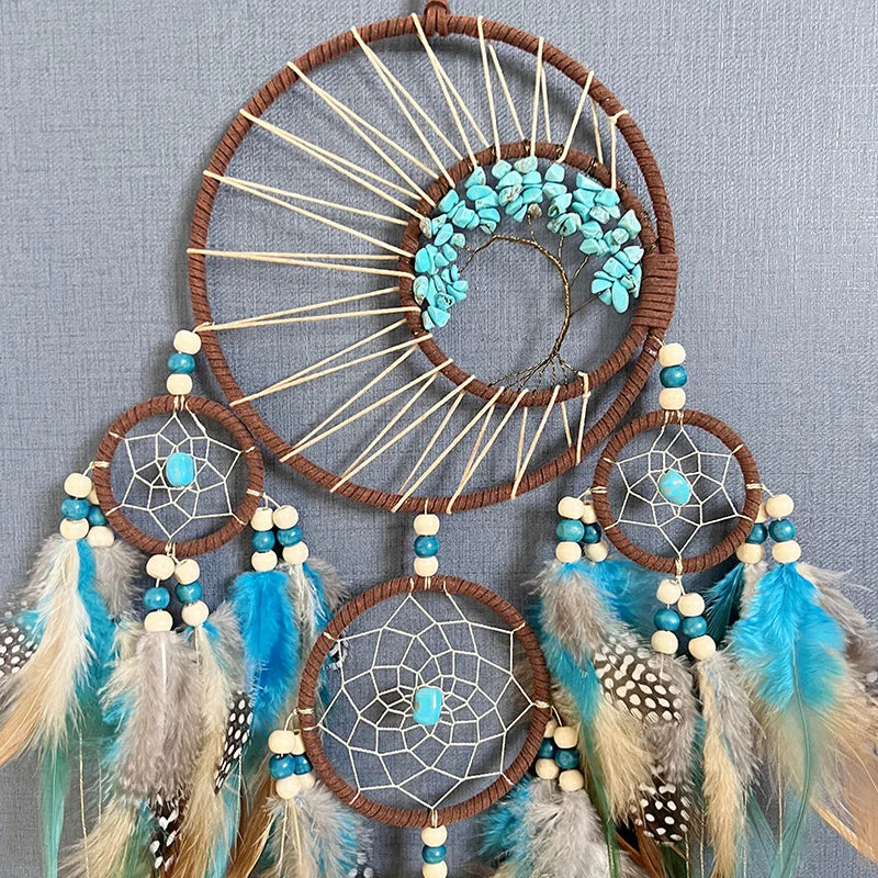 Auspicious Five Rings Dream Catcher Feather Wall Hanging Decor
