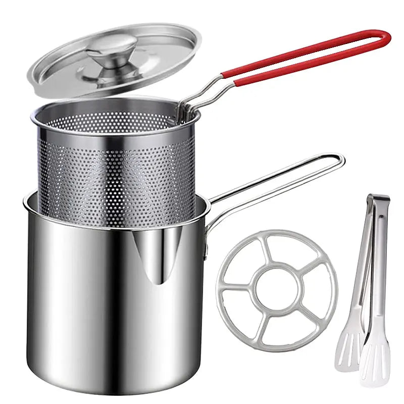Deep Frying Pot with Strainer Basket & Tongs – Stainless Steel Tempura Frying Pot