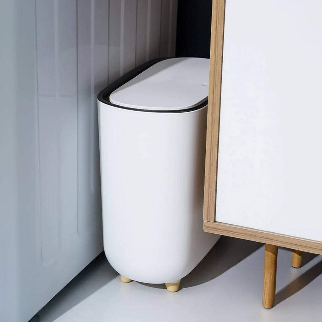 Narrow Press Ring Trash Can with Lid – Bathroom Gap Garbage Bin for Sorting