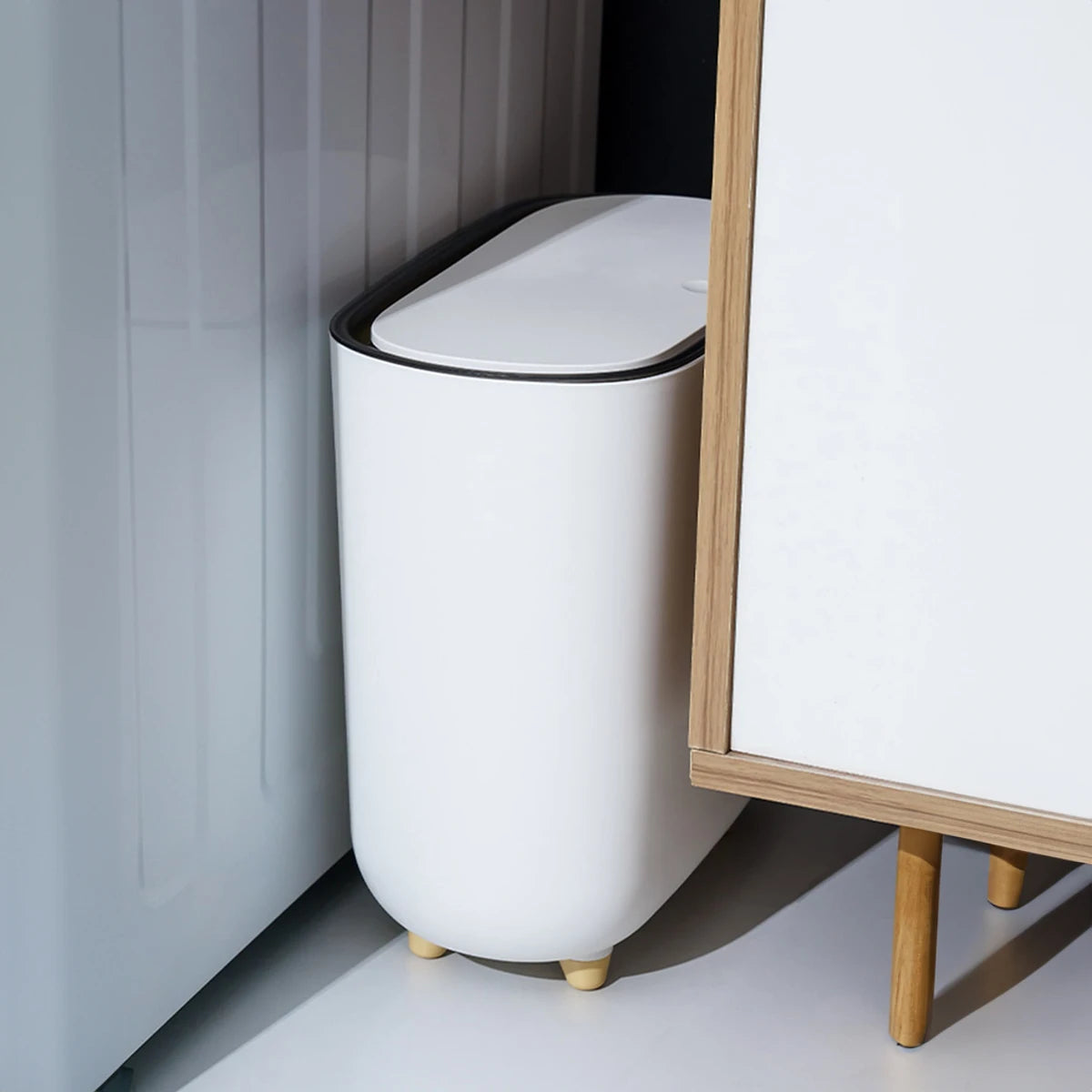 Narrow Trash Can with Press Lid – Small Space Garbage Bin for Bathroom & Kitchen