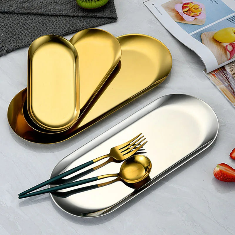 Oval Stainless Steel Dining & Dessert Plate – Gold & Silver Snack Tray