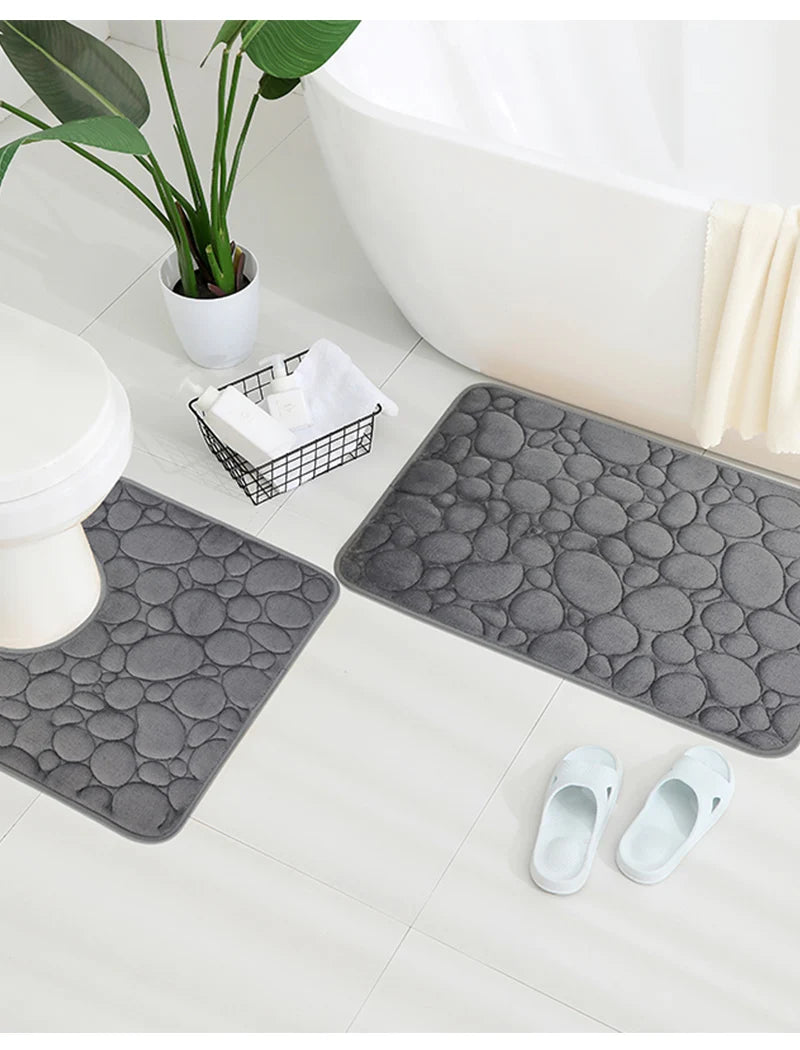 Embroidered Pebble Coral Velvet Bathroom Mat Set U-Shaped Absorbent Foot Rug Two-Piece
