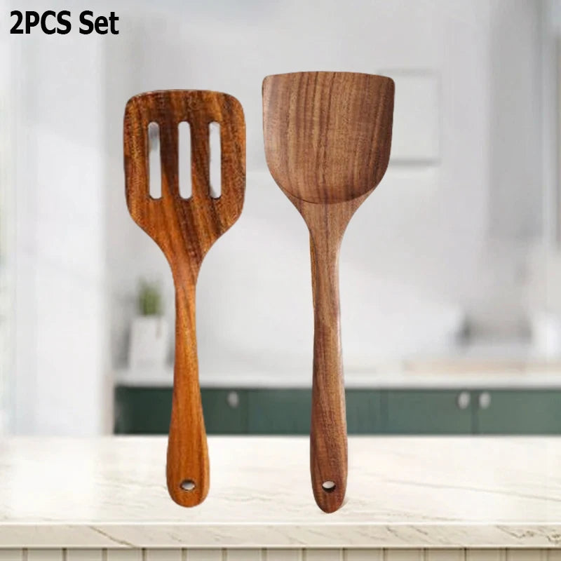 Natural Teak Wooden Kitchen Spoon & Spatula Set – Complete Cooking Tools
