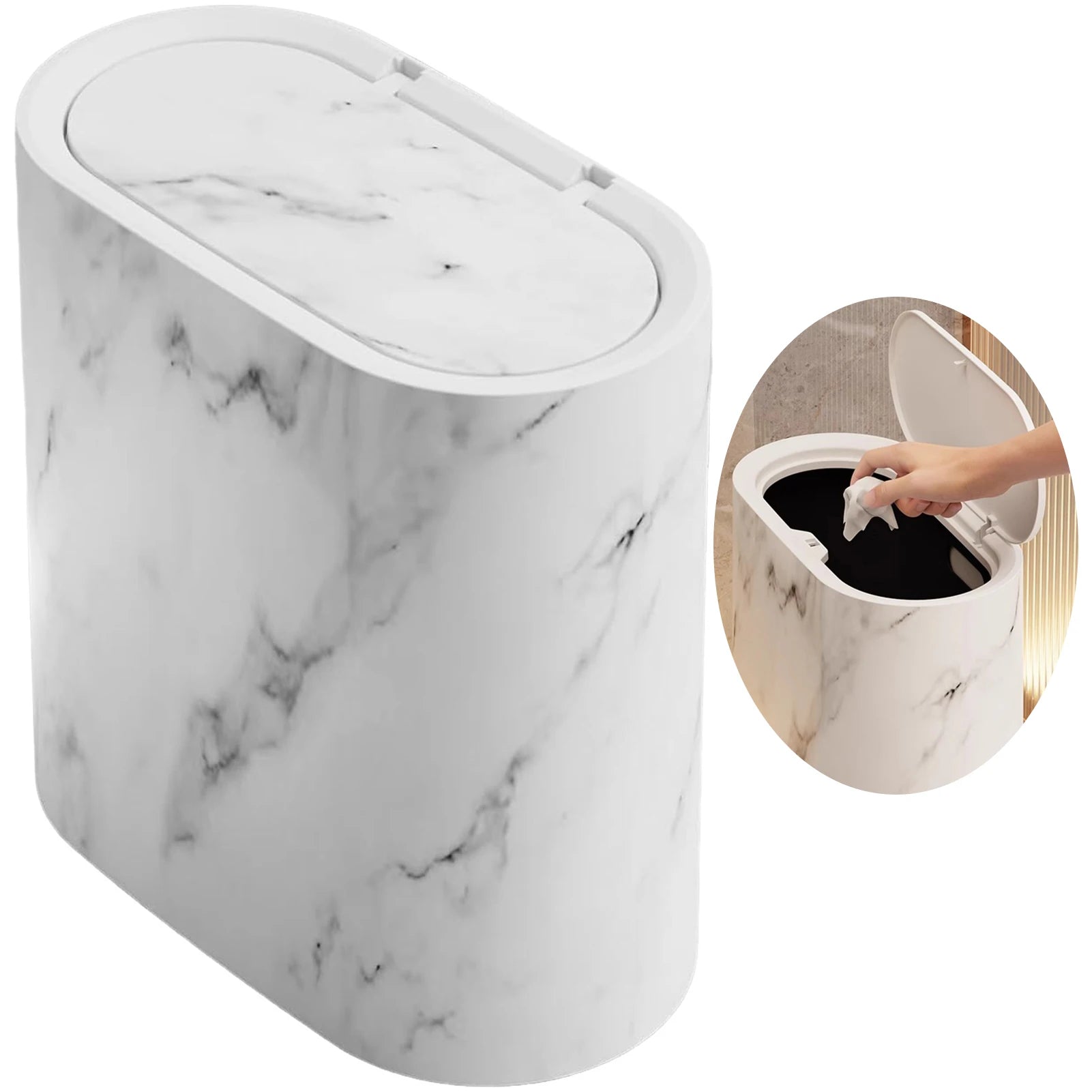 Bathroom Trashcan with Lid, Marble Wood Pattern Plastic Waste Bin for Home, Office, School