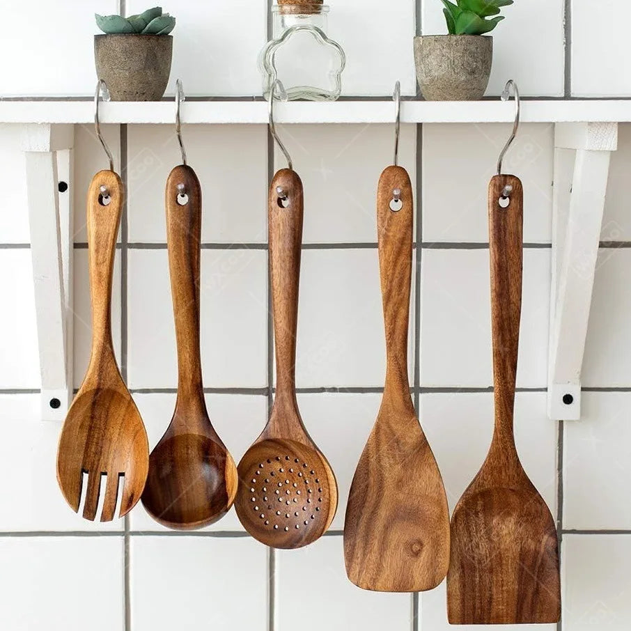 Natural Teak Wooden Kitchen Spoon & Spatula Set – Complete Cooking Tools