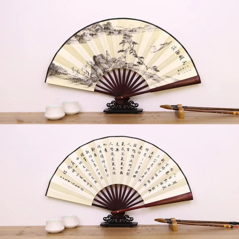 Silk & Bamboo Folding Fan Retro Decorative Handheld Fan 27x48cm