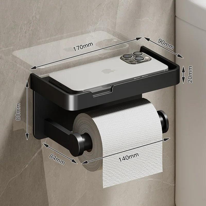 Black Gold Wall-Mounted Toilet Paper Holder with Phone & Towel Shelf Bathroom Rack