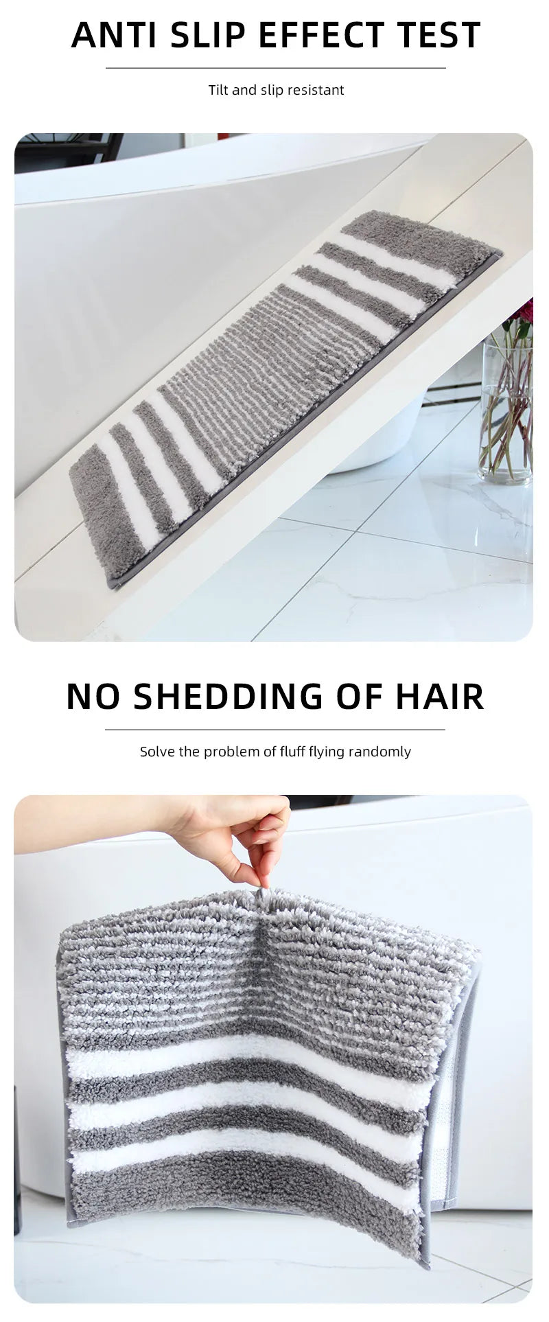 Striped microfiber bathroom carpet set 2-piece,waterproof,non-slip and quick drying,machine washable,TPR backing, medium velvet