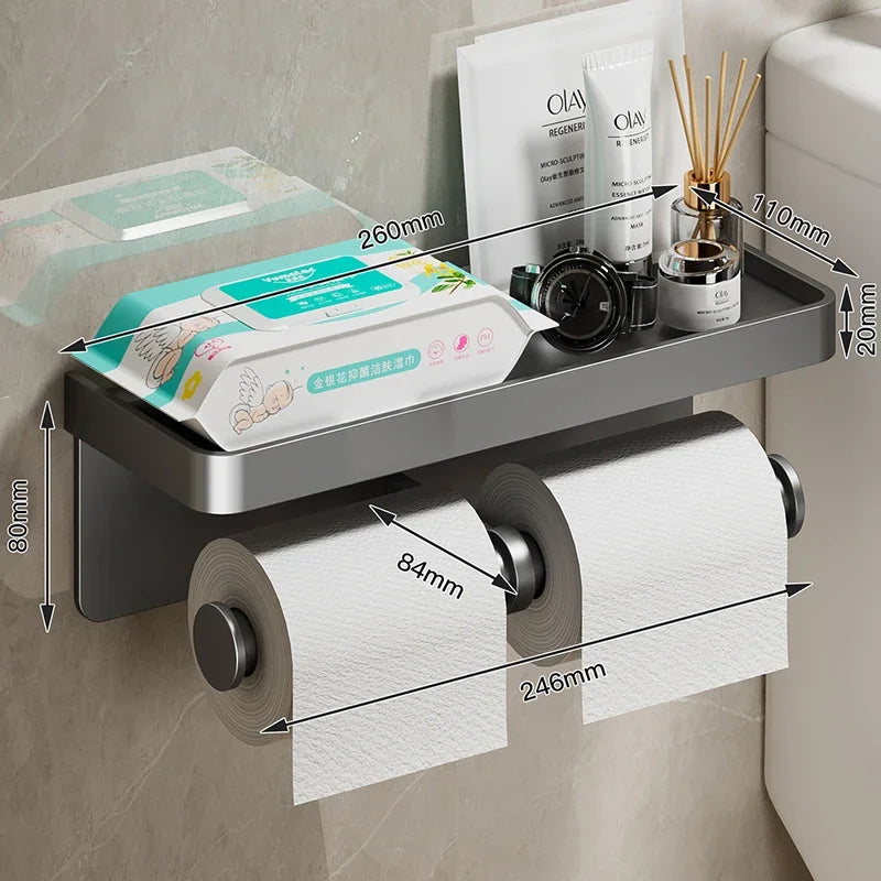 Black Gold Wall-Mounted Toilet Paper Holder with Phone & Towel Shelf Bathroom Rack