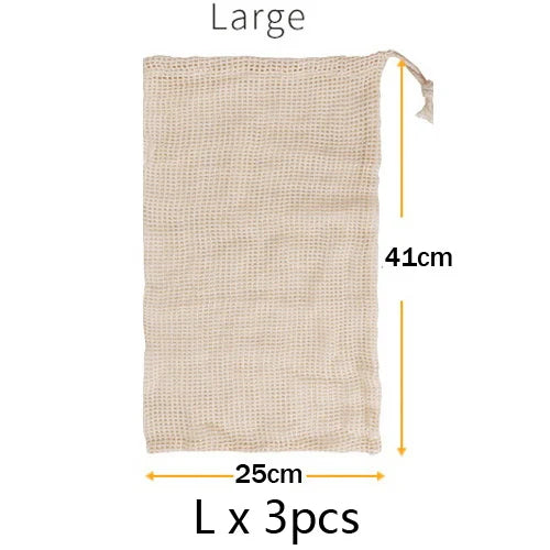Reusable Cotton Mesh Vegetable Bags – 3 Sizes, Eco-Friendly Produce Storage