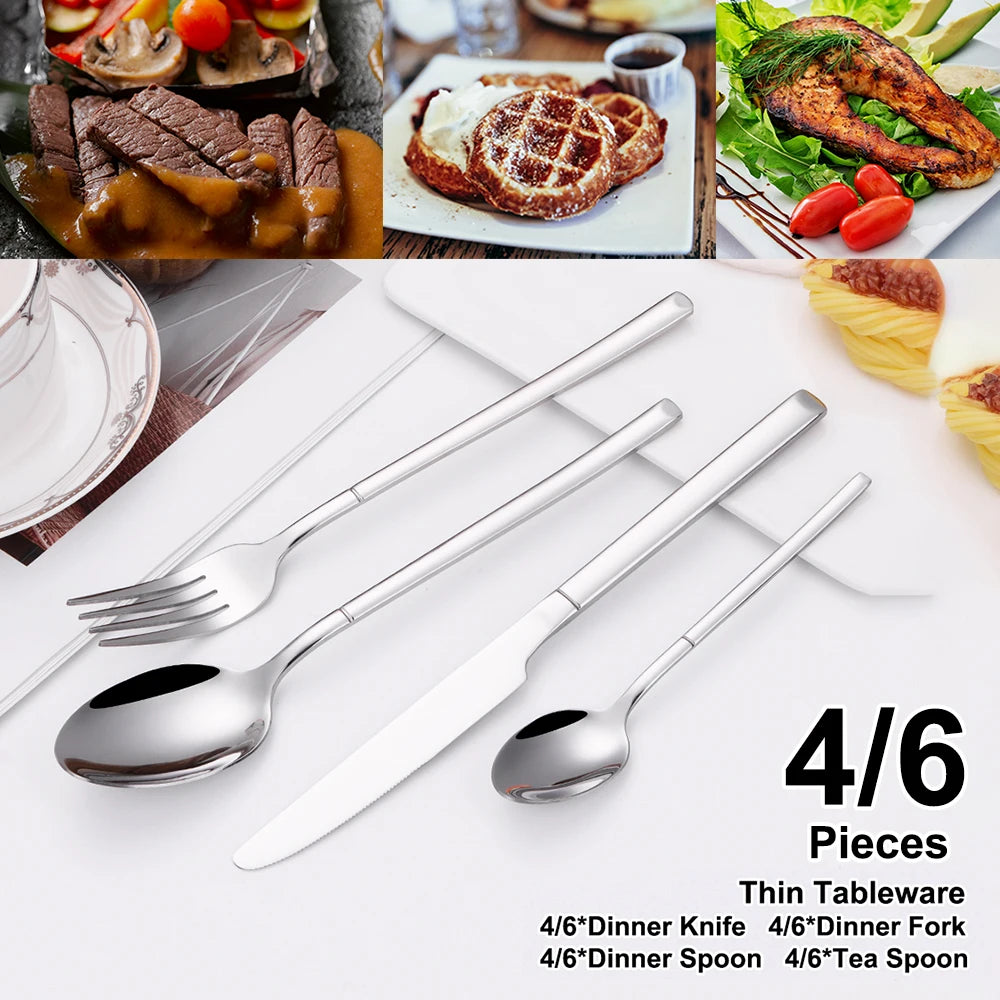 4/6 Piece Stainless Steel Flatware Set – Elegant Silver Dinner Cutlery