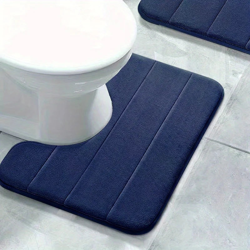 Pure Color Stripe Bathroom U-Mat, Soft Non-Slip Quick-Dry Toilet Carpet, Absorbent Shower Floor Mat