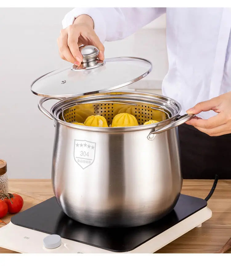 22cm Stainless Steel Stock Pot with Glass Cover – Soup & Kitchen Tool