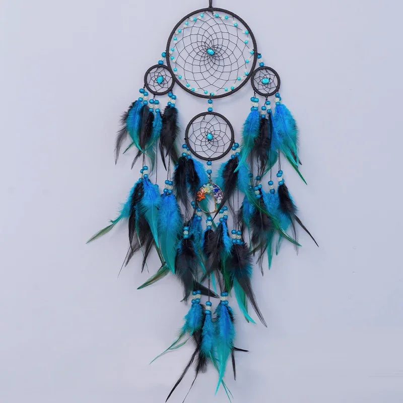 Auspicious Five Rings Dream Catcher Feather Wall Hanging Decor